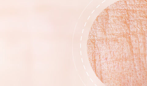 Abstract image featuring a close-up texture of skin in soft peach tones, with a circular section highlighting fine lines and creases.