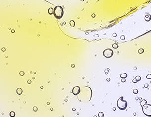 Burbujas de aire flotando en un liquido amarillo claro, creando un efecto visual dinamico y transparente.