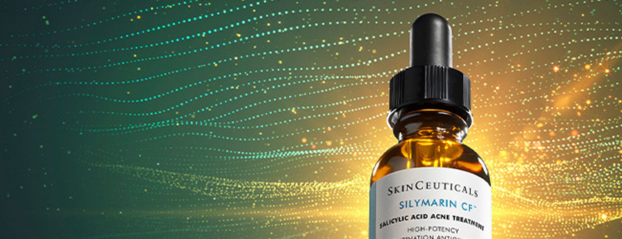 Frasco de suero Silymarin CF de SkinCeuticals, tratamiento de acne, con fondo de efectos de luz coloridos.