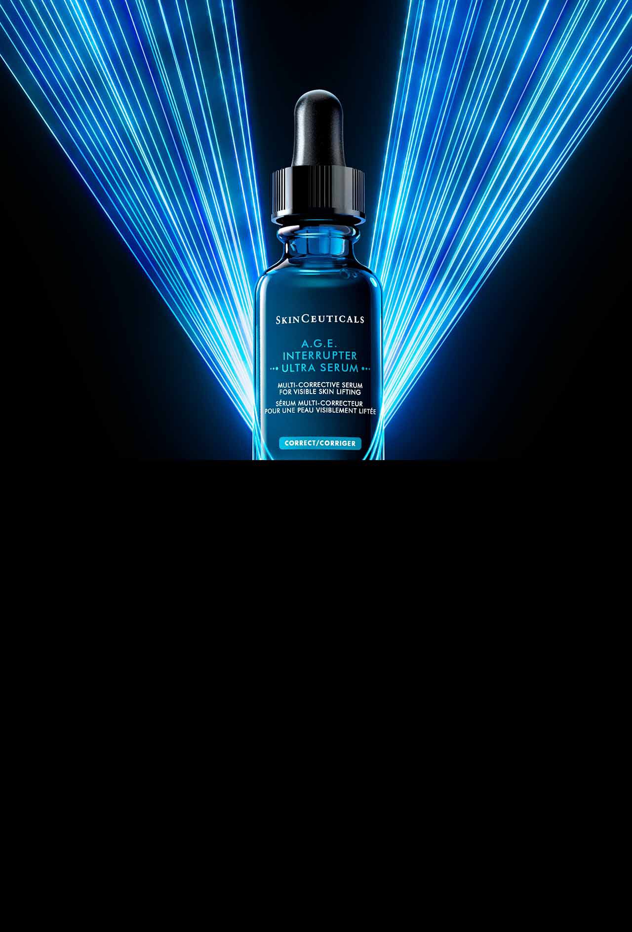 Botella de suero Skinceuticals C E Ferulic, resaltada con luz roja sobre fondo negro.