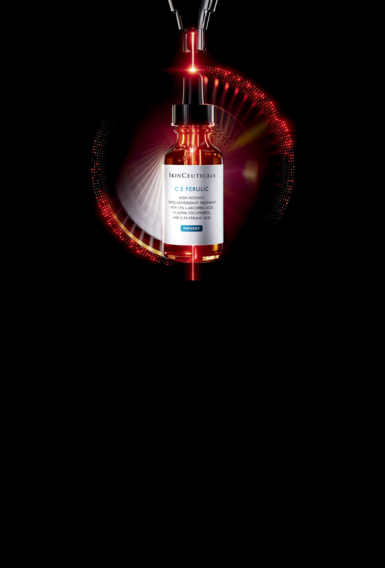Botella de suero Skinceuticals C E Ferulic, resaltada con luz roja sobre fondo negro.