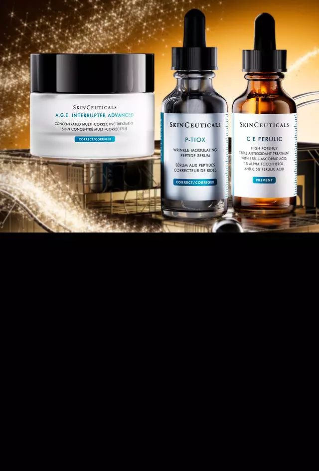Banner publicitario de SkinCeuticals en fondo negro promocionando productos medico-esteticos para Navidad con boton de reproduccion de video y boton de compra