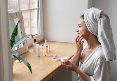 Una mujer con una toalla en la cabeza se aplica crema en la cara frente a un espejo, rodeada de productos de belleza sobre una mesa de madera.