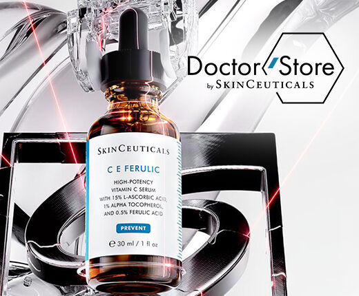 Botella de suero de SkinCeuticals con un fondo elegante y moderno, mostrando el logotipo de Doctor Store by SkinCeuticals.