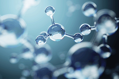 Representación de moléculas con una estética azulada, destacando sus estructuras en un fondo difuso.
