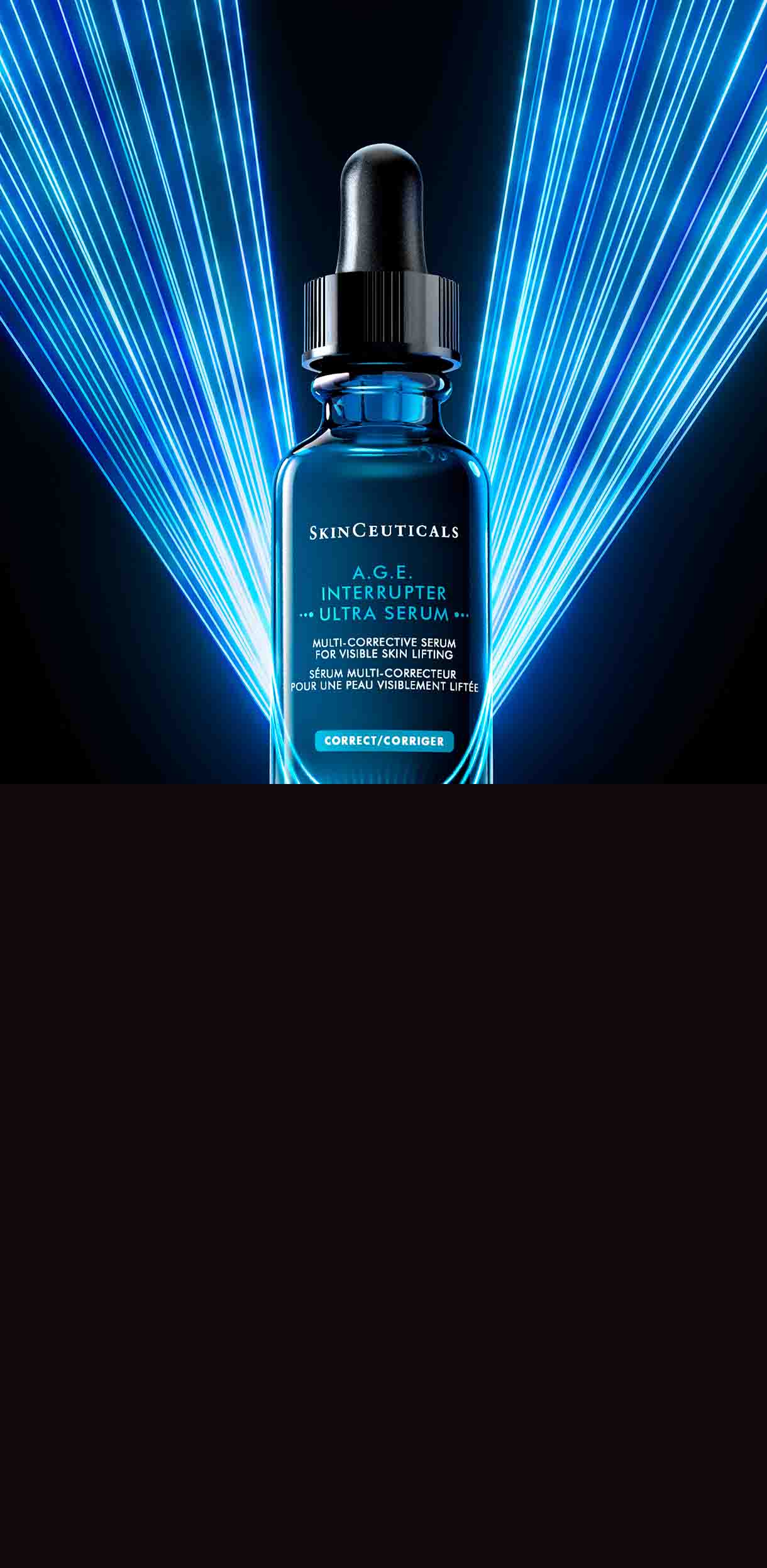 Cuatro productos de Skinceuticals: sueros y cremas en frascos de vidrio sobre un fondo elegante y oscuro.