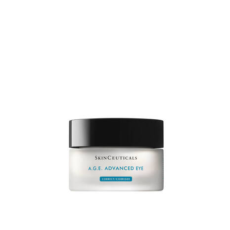 Crema para el contorno de ojos A.G.E. Advanced Eye de SkinCeuticals, en frasco con tapa negra y etiqueta azul.
