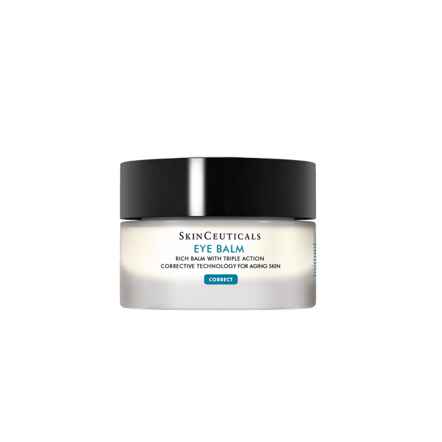 Bálsamo para ojos de SkinCeuticals, envase con tapa negra, diseñado para corregir signos de envejecimiento en la piel.